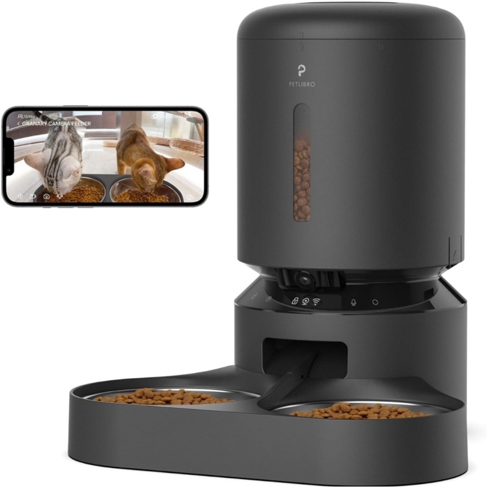 black Pet Libro automatic food dispenser | Wi-Fi enabled health tracking pet cam